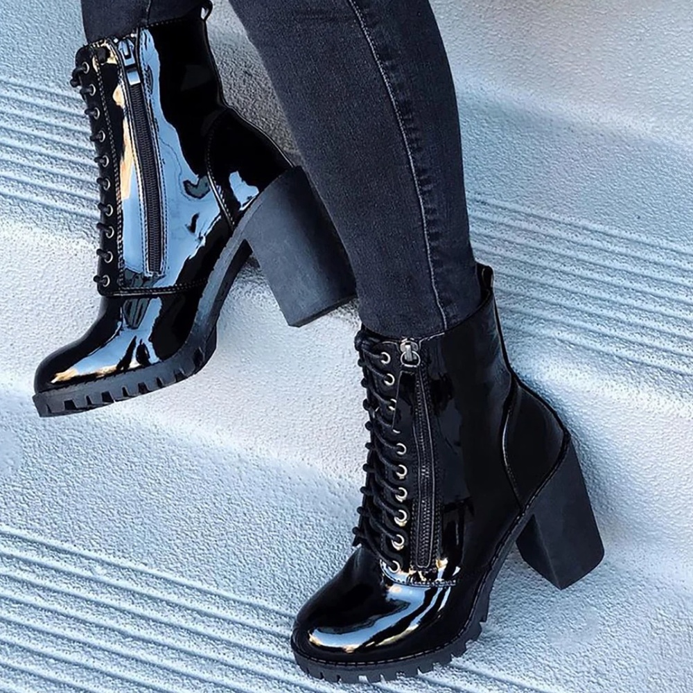 Fashion Nova Black Patent Lace-Up Chunky Heel Boots
